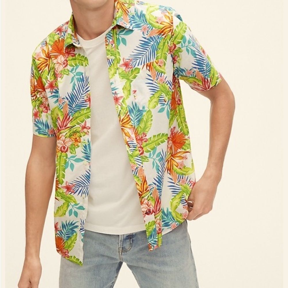 GAP Tropical Floral Hawaiian Shirt Men Large Stretch Poplin Camp Shirt Vacation